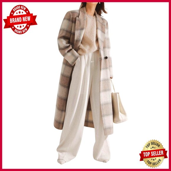 Wool Pea Coat Double Breasted Trench Long Sleeve Notch Collar Pockets